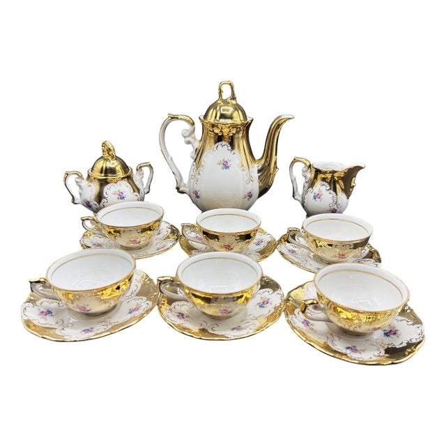 German Gilded Porcelain Service with Floral Motifs for 6, 1960s, Set of 15 For Sale
