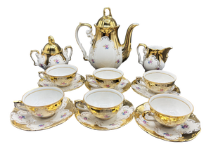 German Gilded Porcelain Service with Floral Motifs for 6, 1960s, Set of 15