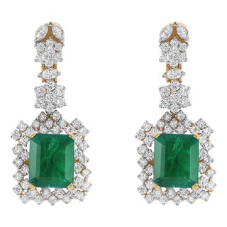 Hydro Emerald Cut Emerald, 7Ct VS Diamond Dangle/Drop Earrings 18 Kt Gold For Sale