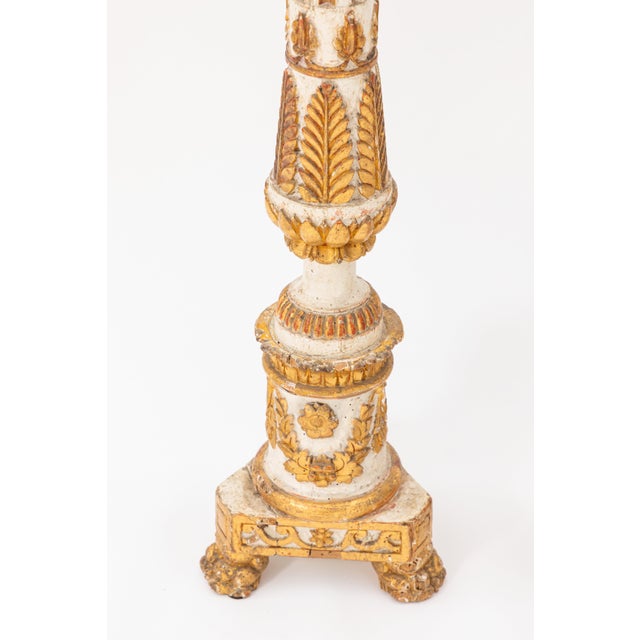 Neoclassical Pair of 18th Century Italian Painted and Parcel-Gilt Wood Pricket Candlesticks For Sale - Image 3 of 4