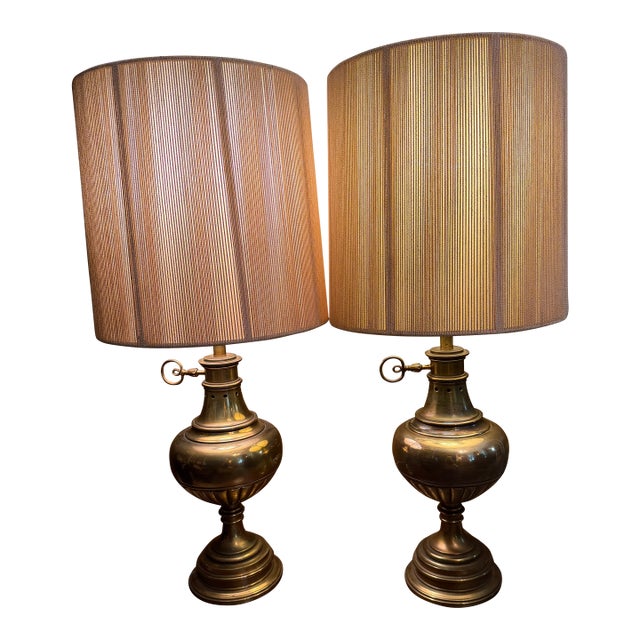 Pair Vintage Stiffel Brass Oil Lamp Style W/ Milk Glass Hollywood Regency Table Lamps W/ Additional Original Shades For Sale