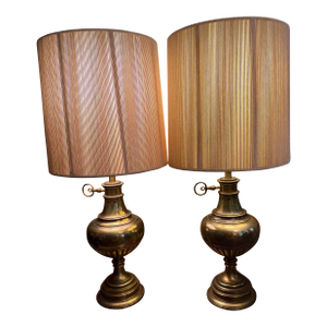 Pair Vintage Stiffel Brass Oil Lamp Style W/ Milk Glass Hollywood Regency Table Lamps W/ Additional Original Shades