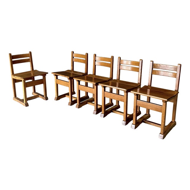 Mid-Century Handcrafted Oak Dining Chairs, Belgium, 1950s, Set of 5 For Sale