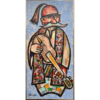 Jovan Obican, Large Naive European Folk Art Oil Painting Jovan Obican Klezmer Jazz Musician, c.1960's For Sale