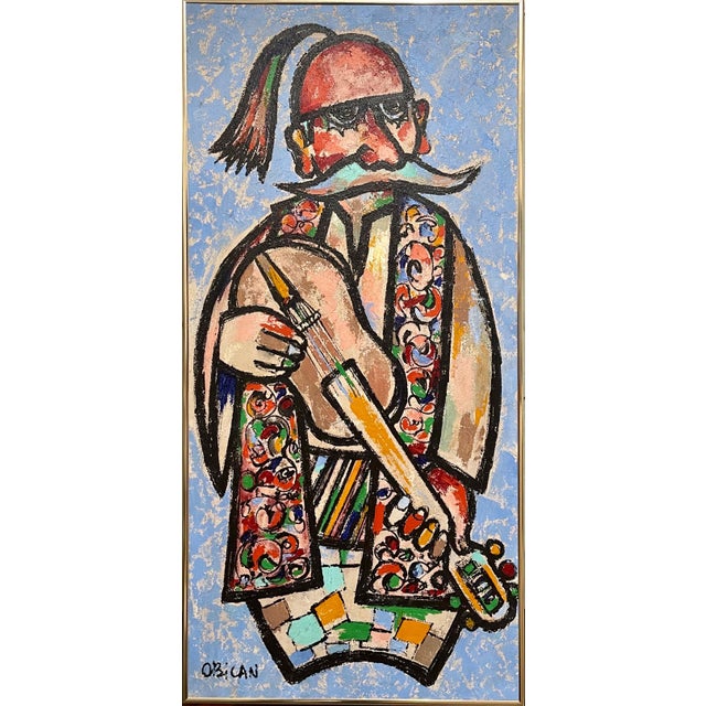 Jovan Obican, Large Naive European Folk Art Oil Painting Jovan Obican Klezmer Jazz Musician, c.1960's For Sale