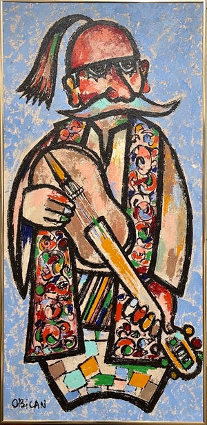 Jovan Obican, Large Naive European Folk Art Oil Painting Jovan Obican Klezmer Jazz Musician, c.1960's