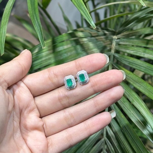1.3Ct Emerald and Diamond Double Halo Stud Earrings in 14k Gold- A Pair For Sale - Image 9 of 16