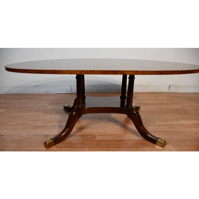Brown 1940s English Regency Style Walnut Banded Satinwood Oval Top Coffee Table For Sale - Image 8 of 14