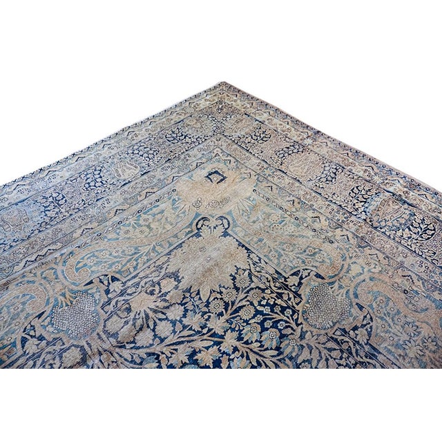 Textile 1900s Blue Navy Medallion Floral Antique Persian Kirman Rug 14' 5" X15' 5" Handknotted Wool Carpet For Sale - Image 7 of 10