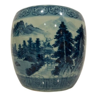 Antique Japanese Blue and White (Sometsuke) Porcelain Hibachi With Applied Inscription For Sale