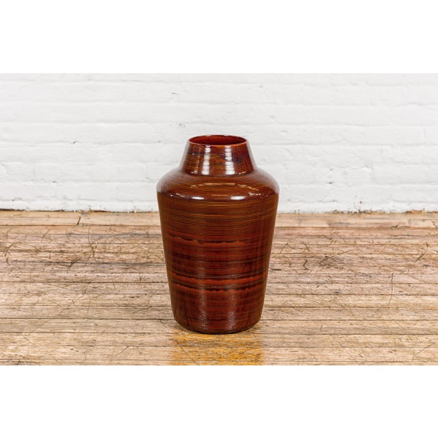 Artisan Brown Glaze Vase with Black Concentric Motifs and Tapering Lines For Sale In New York - Image 6 of 12