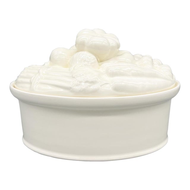 Vintage White Ceramic Harvest Vegetable Tureen / Baking / Serving Dish With Sculptural Lid – French Country / Cottagecore For Sale