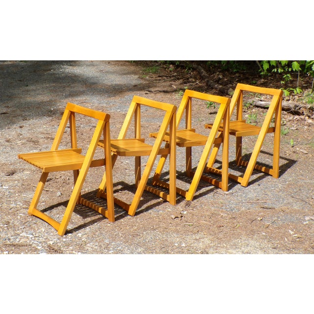 1960s Vintage Mid Century Trieste Style Folding Slat Chairs Romania Aldo Jacober - Set 4 For Sale - Image 5 of 11