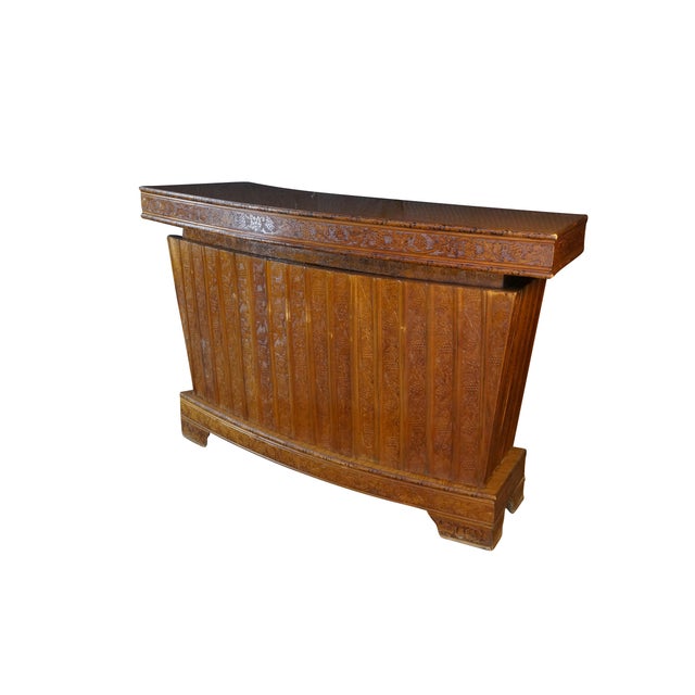 Mid-Century Modern Mid-Century Curved Oak Dry Bar Cabinet With Carved Grapevines Wine Liquor 68" For Sale - Image 3 of 18