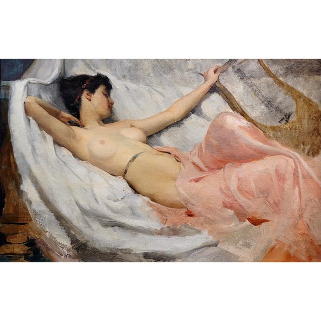 1960s Ramon Kelley -Lyre Player Female Resting Nude- Oil Painting For Sale - Image 5 of 10