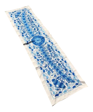 Crochet Table Runner, Blue Patterns With Floral Center