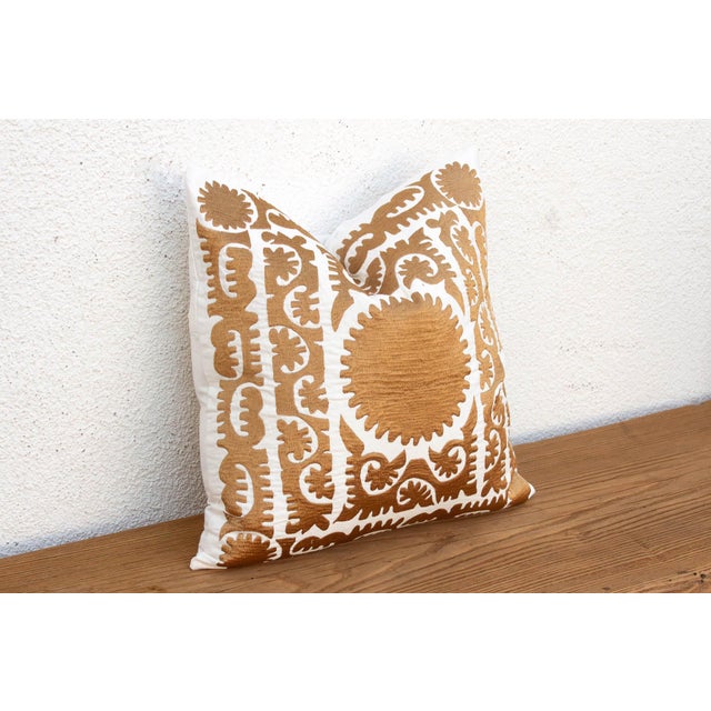 Boho Chic Gold Scrollwork Suzani Zar Pillow Cover For Sale - Image 3 of 7