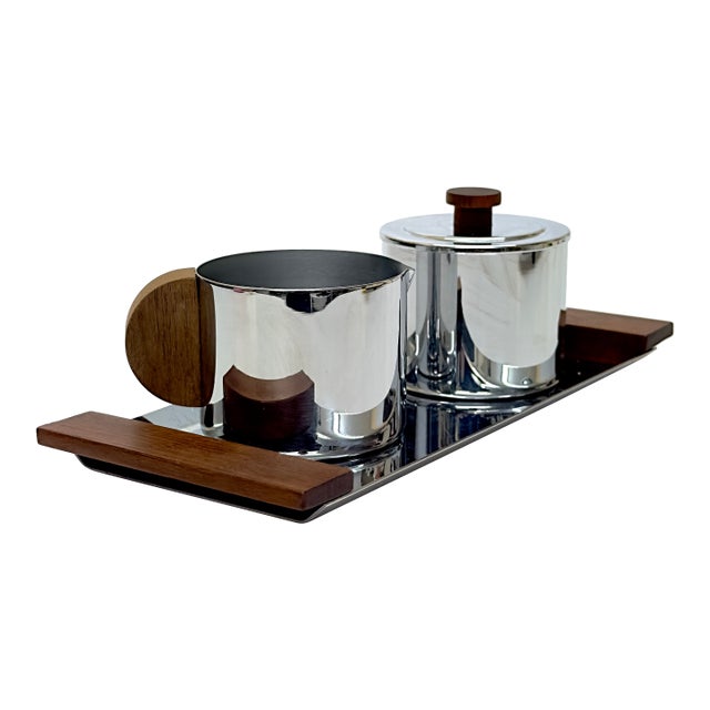 Art Deco Style Chrome and Teak Cream & Sugar Set With Tray by Manning Bowman For Sale