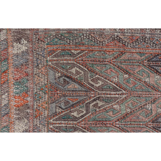 Light Green Vintage Turkish Kilim Rug With Geometric Design in Warm Earthy Tones 6'8 X 10'4 For Sale - Image 8 of 10