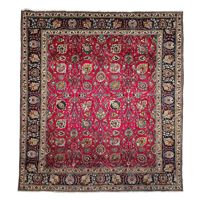 Vintage Tabriz Room Size Rug in Allover Floral Pattern in Red, Navy, Turquoise, Green For Sale