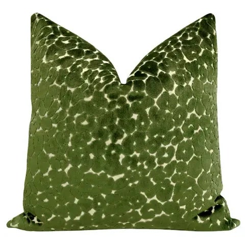 Pair of beautiful 20" leopard cut velvet pillows in olive. Meticulously handcrafted with serged interior seams, invisible...