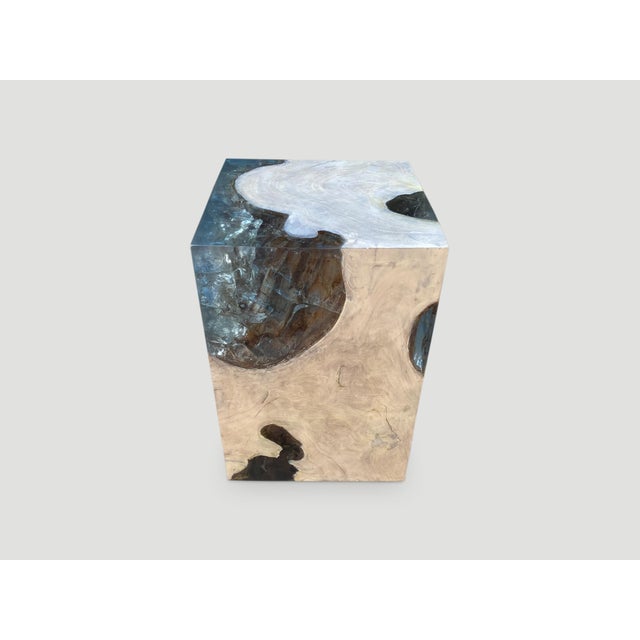 Wood Andrianna Shamaris Aqua Resin and Teak Wood Side Table For Sale - Image 7 of 18