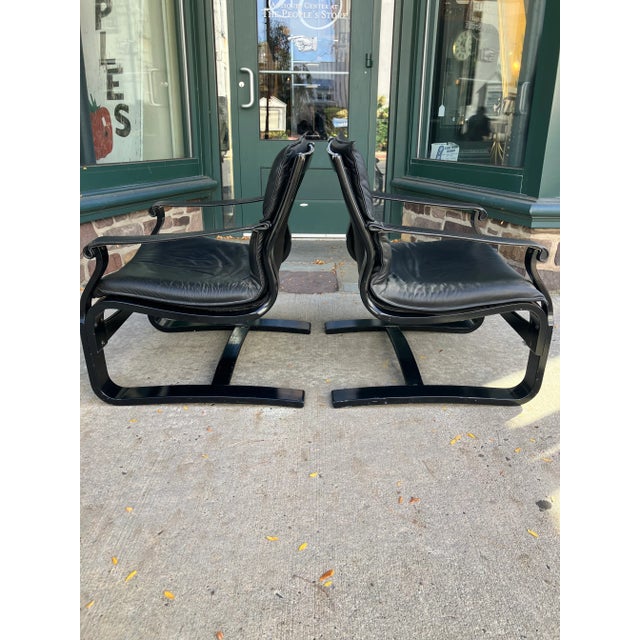Mid-Century Modern Mid Century Modern Swedish Black Leather Ake Fribytter Lounge Chairs -a Pair For Sale - Image 3 of 14