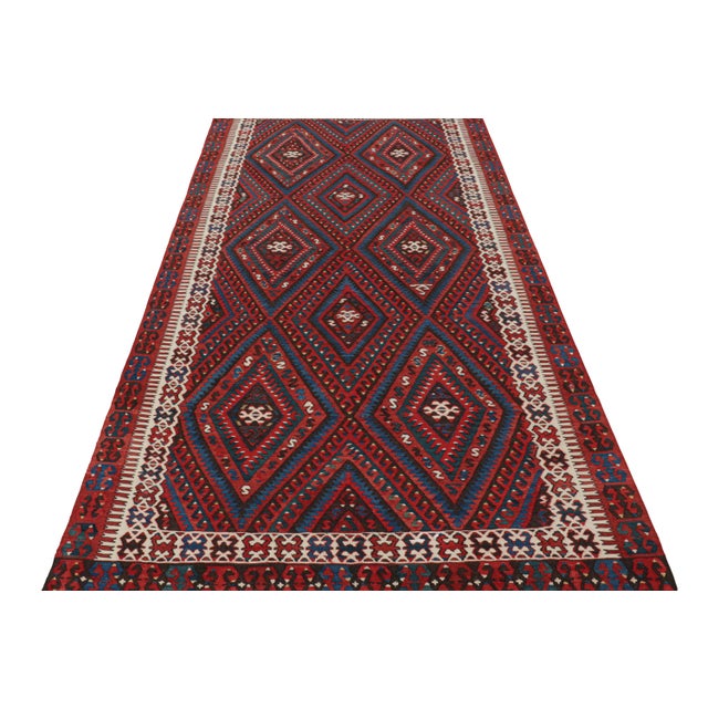 1950s Vintage Mid-Century Fethiye Diamond Tribal Red and Blue Wool Kilim Rug For Sale - Image 5 of 7