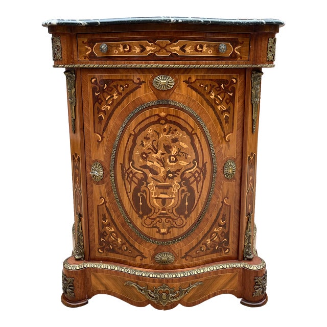 Louis XV Marquetry Dry Bar Cabinet or Commode- Black Marble Top For Sale