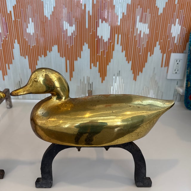 Cabin Pair of Vintage Brass Duck Andirons For Sale - Image 3 of 10