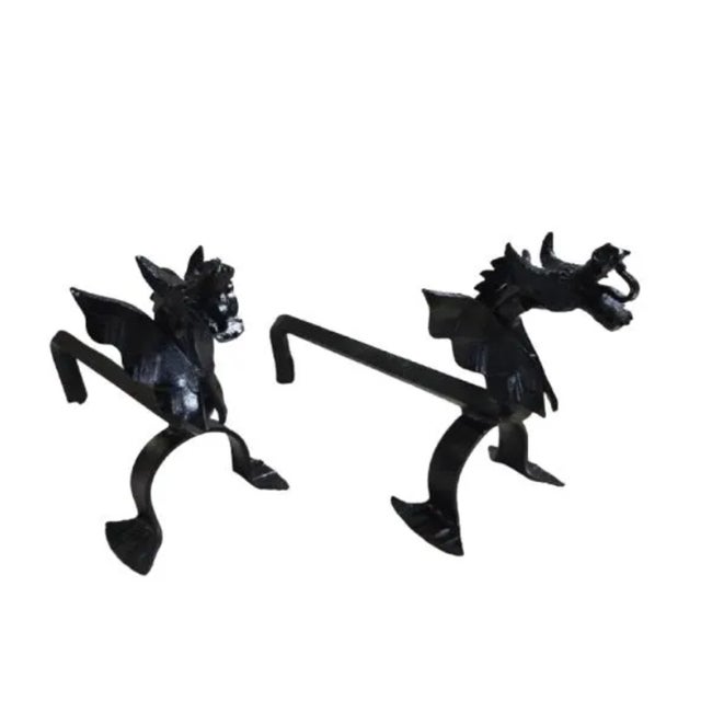 Wrought Iron Andirons with Dragon Heads, 1970s, Set of 2 For Sale - Image 4 of 6