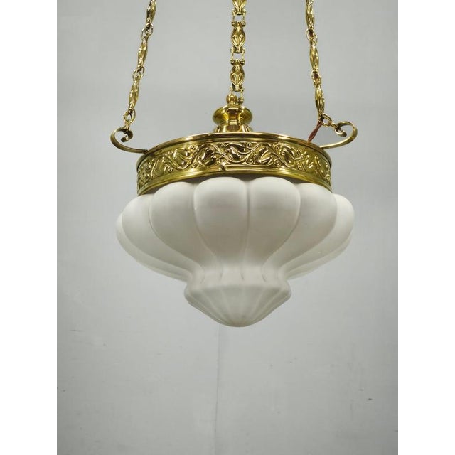 Art Nouveau Secession Pendant Light in Brass and Opaline Glass, Czechoslovakia, 1900s For Sale - Image 4 of 15