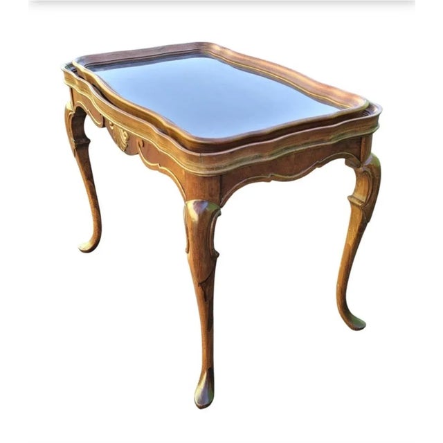Brown 1940s George III Style Carved Rectangular Mahogany Glass Tray Top Side Table For Sale - Image 8 of 9