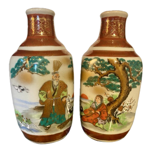 Pair of Antique Japanese Kutani Tozan Meiji Era Hexagonal Porcelain Vases