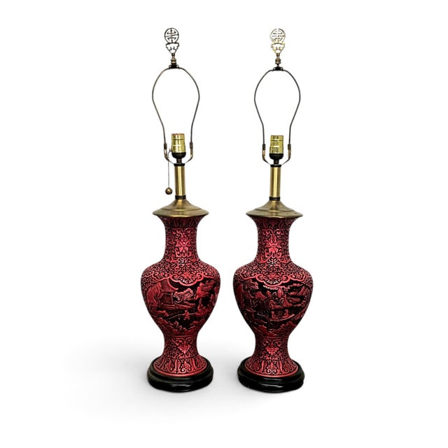 Chinese Mid 20th Century Mid-Century Chinese Hand-Carved Cinnabar Lacquer Table Lamps, Pair For Sale - Image 3 of 18