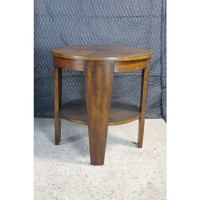 Wood Late 20th Century 2 Hammary Acacia Round Modern Tiered End Tables Nightstands Sunburst Top Pair For Sale - Image 7 of 18