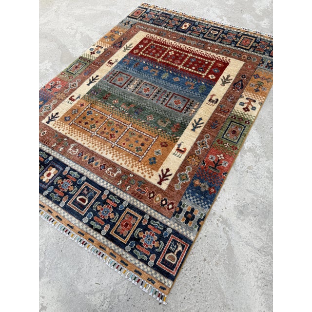 2000 - 2009 Blue Rust Hand Knotted Qashqai Design Tribal Wool Rug, 04'11 X 06'09 For Sale - Image 5 of 11