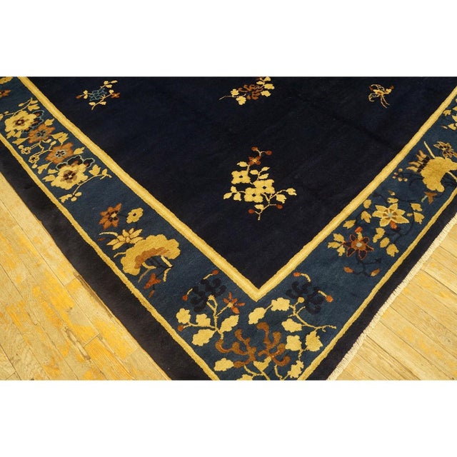 Art Deco 1920s Floral Chinese Square Peking Antique Navy Blue Allover Knotted Wool Rug For Sale - Image 3 of 10