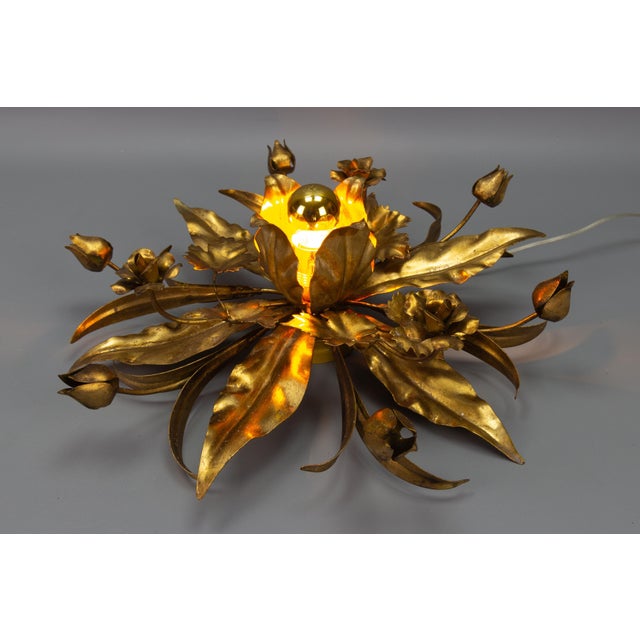 Gold Hollywood Regency Gilt Metal Flower Shaped Flush Mount, 1970s For Sale - Image 8 of 16