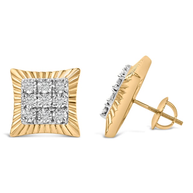 Contemporary 10K Yellow Gold Plated .925 Sterling Silver 1/4 Cttw Diamond Textured Halo Stud Earrings For Sale - Image 3 of 5
