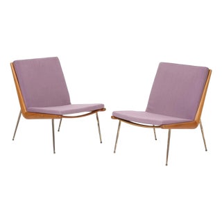 Pair of Teak MCM Boomerang Chairs With Lavender Cushions For Sale