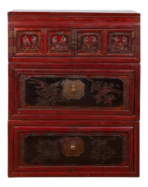Antique Chinese Red and Black Lacquered Three-Section Chest with Carved Figures