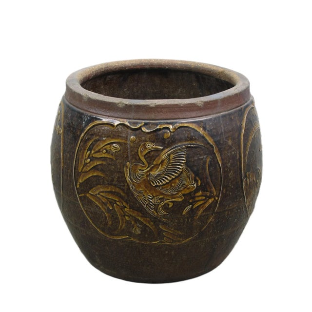 Dark Brown Glazed Earthenware Planter With Hand Painted Mystic Birds and Plants For Sale - Image 4 of 6