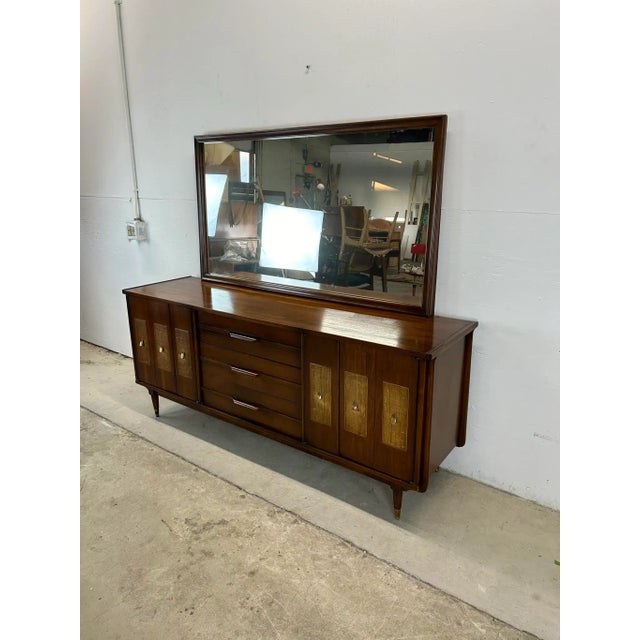 Mid-Century Modern Mid Century Modern Lowboy Dresser With Mirror and Caned Front For Sale - Image 3 of 12