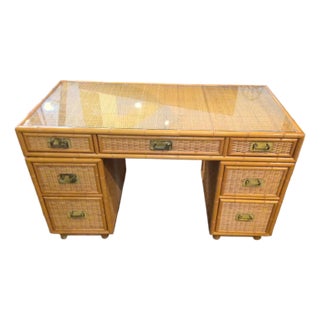 1970s Desk in Bamboo and Wicker With Brass Details For Sale