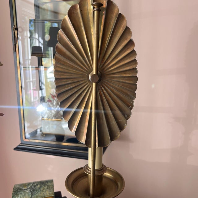 1960s 1960s Monumental unlacquered brass Holzheimer lamp with shield shade // Hollywood regency brass lamp // midcentury lamp // glamorous //accent lamp For Sale - Image 5 of 10