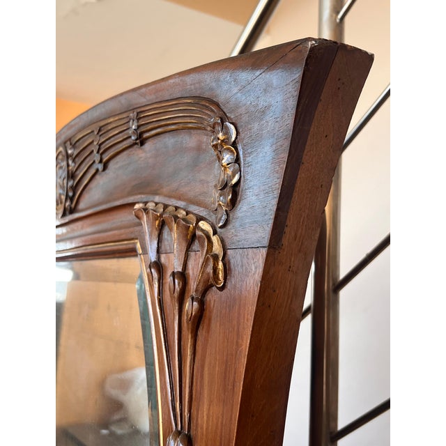 French Art Nouveau Carved Wood l Mantle Wall Mirror Glass Embossed For Sale - Image 4 of 18