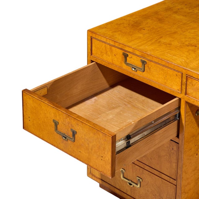 Wood John Widdicomb Mid Century Burlwood and Brass Campaign Executive Desk For Sale - Image 7 of 11