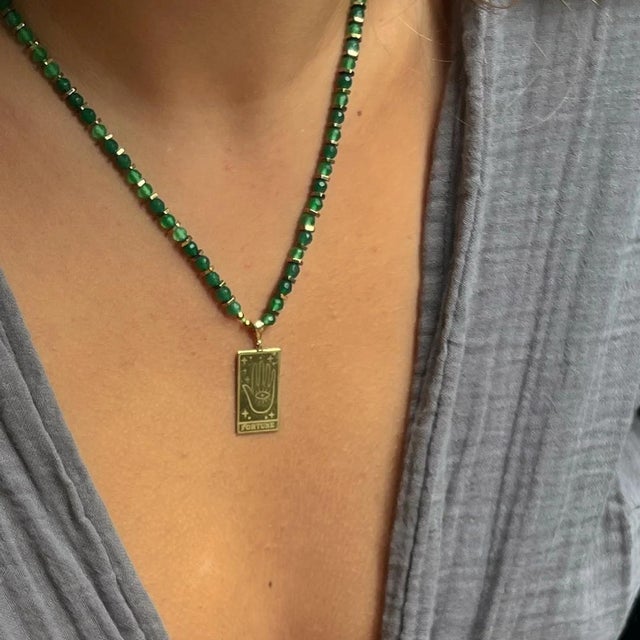 Tarot Good Fortune Gold Pendant Green Beaded Necklace For Sale In Miami - Image 6 of 11