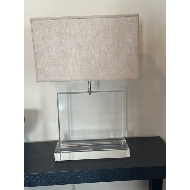 2010s Designer Modern Acrylic Block Table Lamp With Rectangular Fabric Shade – Minimalist Elegance For Sale - Image 5 of 8